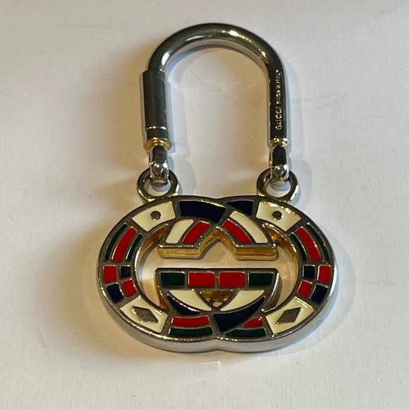 Gucci 1980's Vintage Interlocking Logo Metal Enamel Keyring - Authentic - Picture 1 of 9